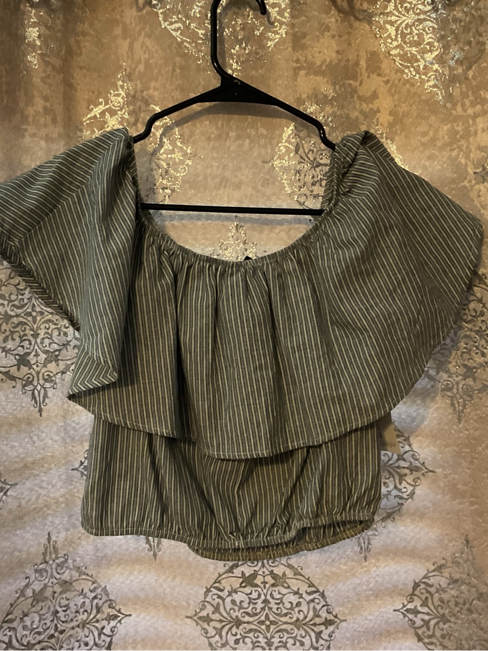 Gray white  Striped Off-Shoulder Ruffle Blouse